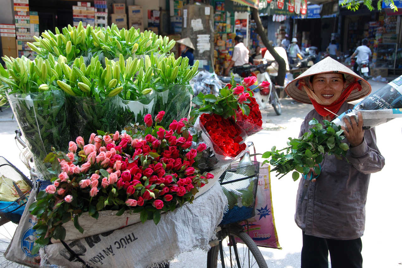 Marchande ambulante de fleurs à Hanoï au Vietnam