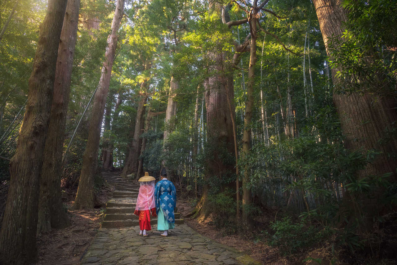Marche et méditation en forêt de japonais en kimono