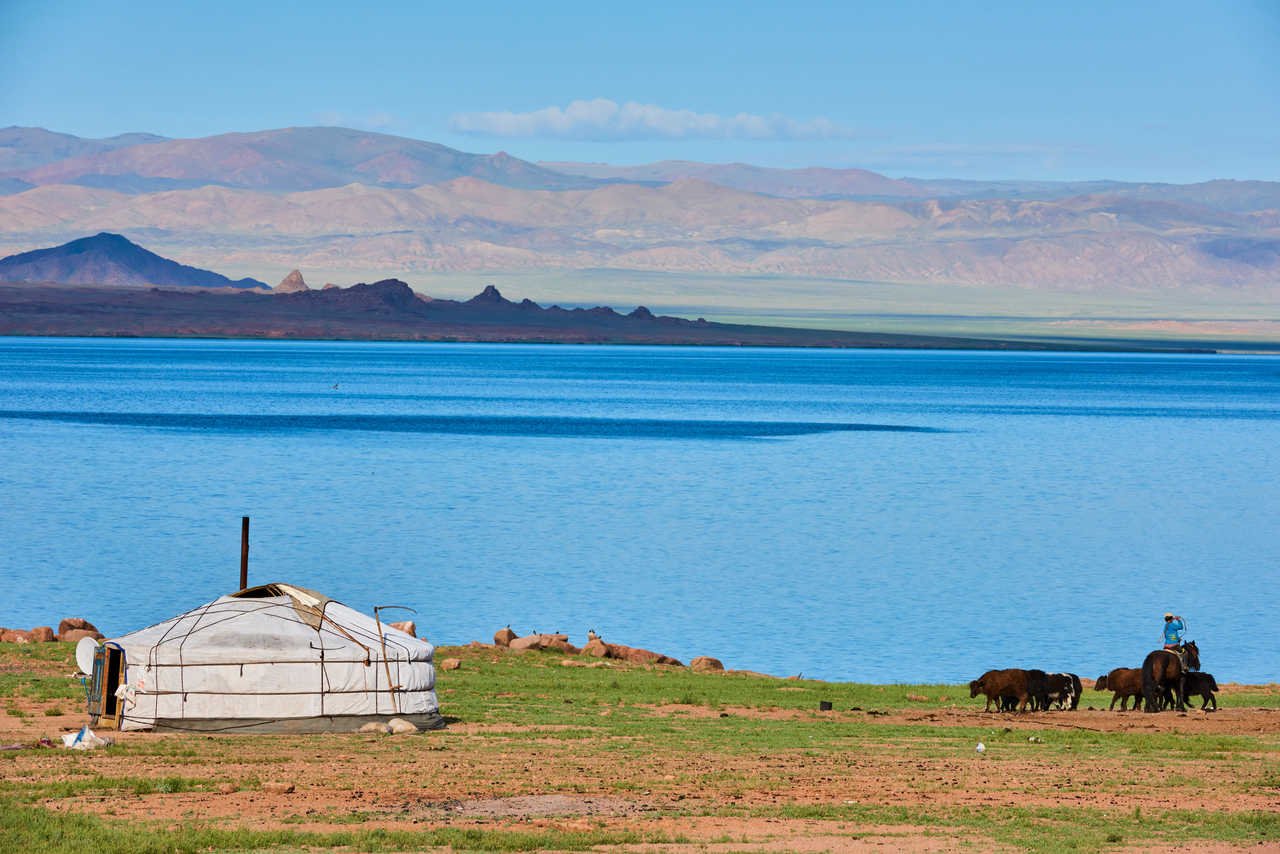 Nomades au bord d'un lac de l'Ouest mongol