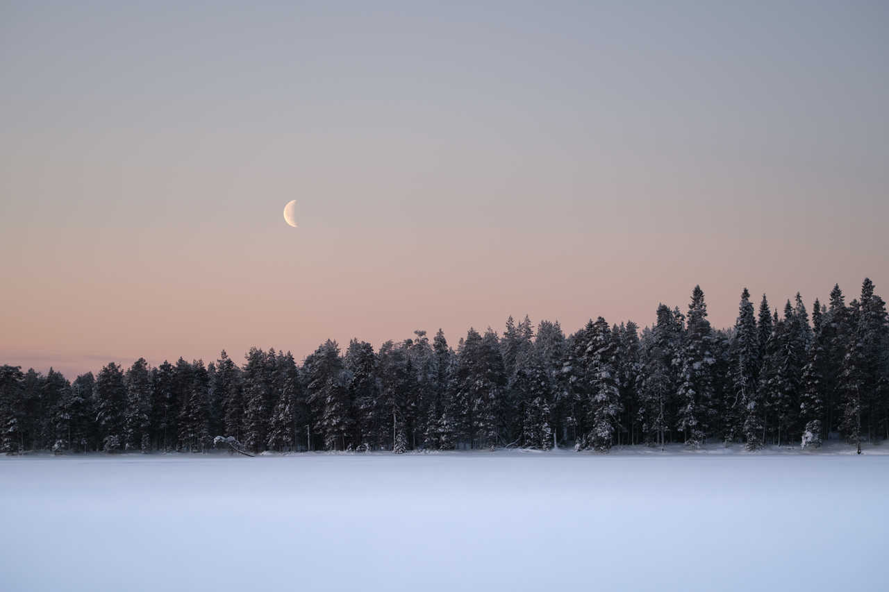 Paysage Finlande en hiver avec la lune