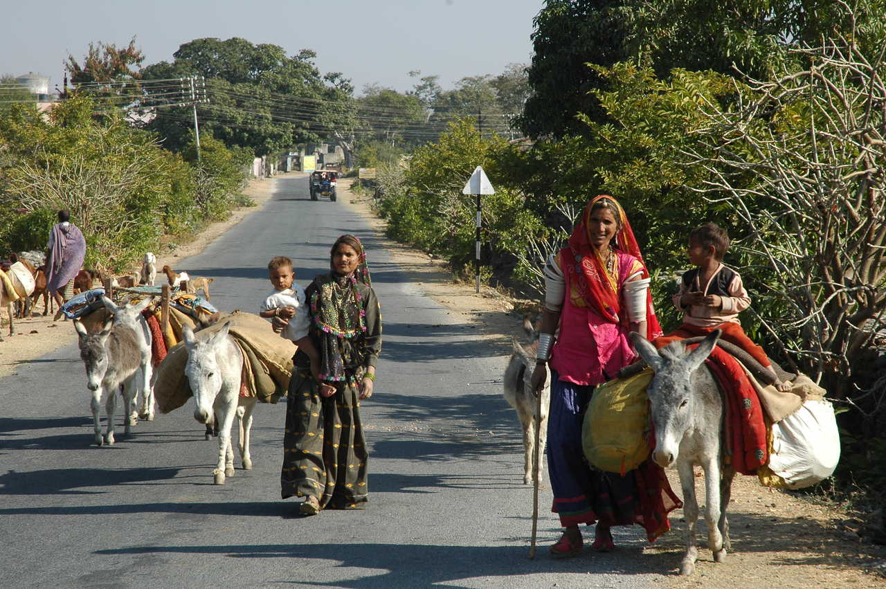 paysans sur une route de campagne en Inde