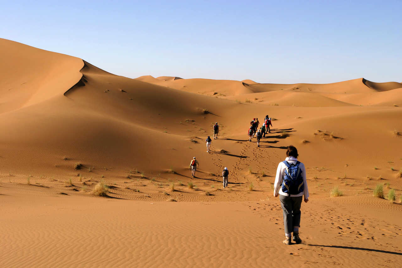 Petit groupe dans les dunes, trek Sahara, Maroc