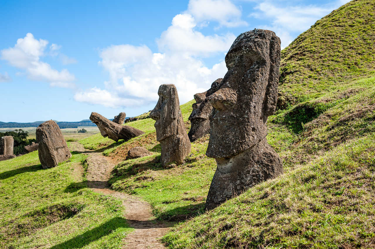 plusieurs moai au volcan rano raraku sur l'ile de Paques