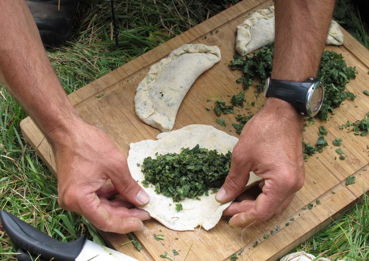 préparation d'un plat après une cueillette avec des plantes comestible pendant une randonnée en Auvergne