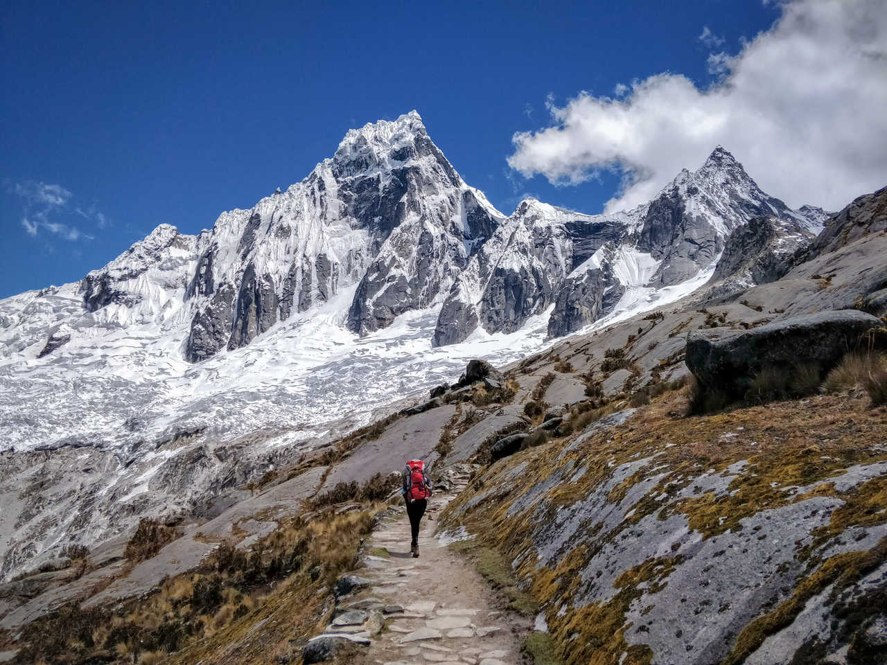 Randonneur face au sommet Taulliraju, Cordillère Blanche, Pérou