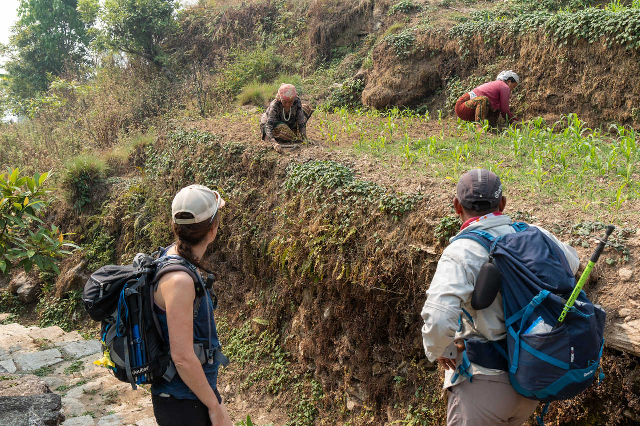 Rencontre entre des népalais et des randonneurs au Népal