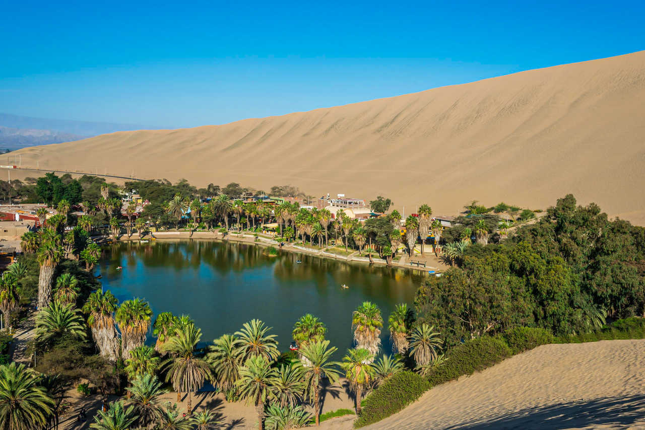Vue plongeante sur la lagune de Huacachina bordée de palmiers et de bâtiments, nichée au pied d'immenses dunes de sable blond sous un ciel bleu pur.