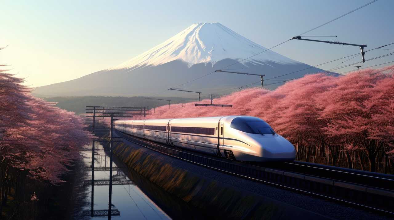 Vue sur un Shinkansen avec le mont Fuji en arrière plan