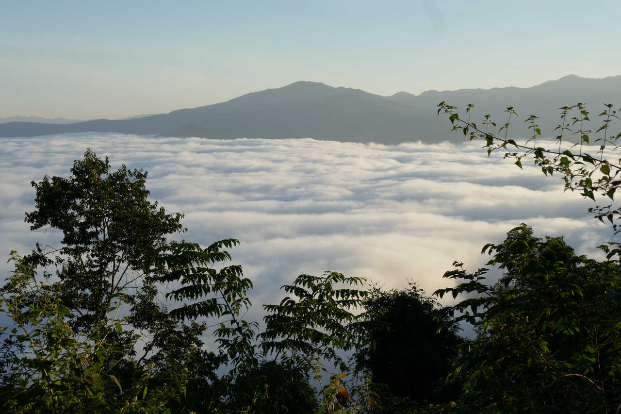 vue sur une montagne prise dans une mer de nuage au Laos