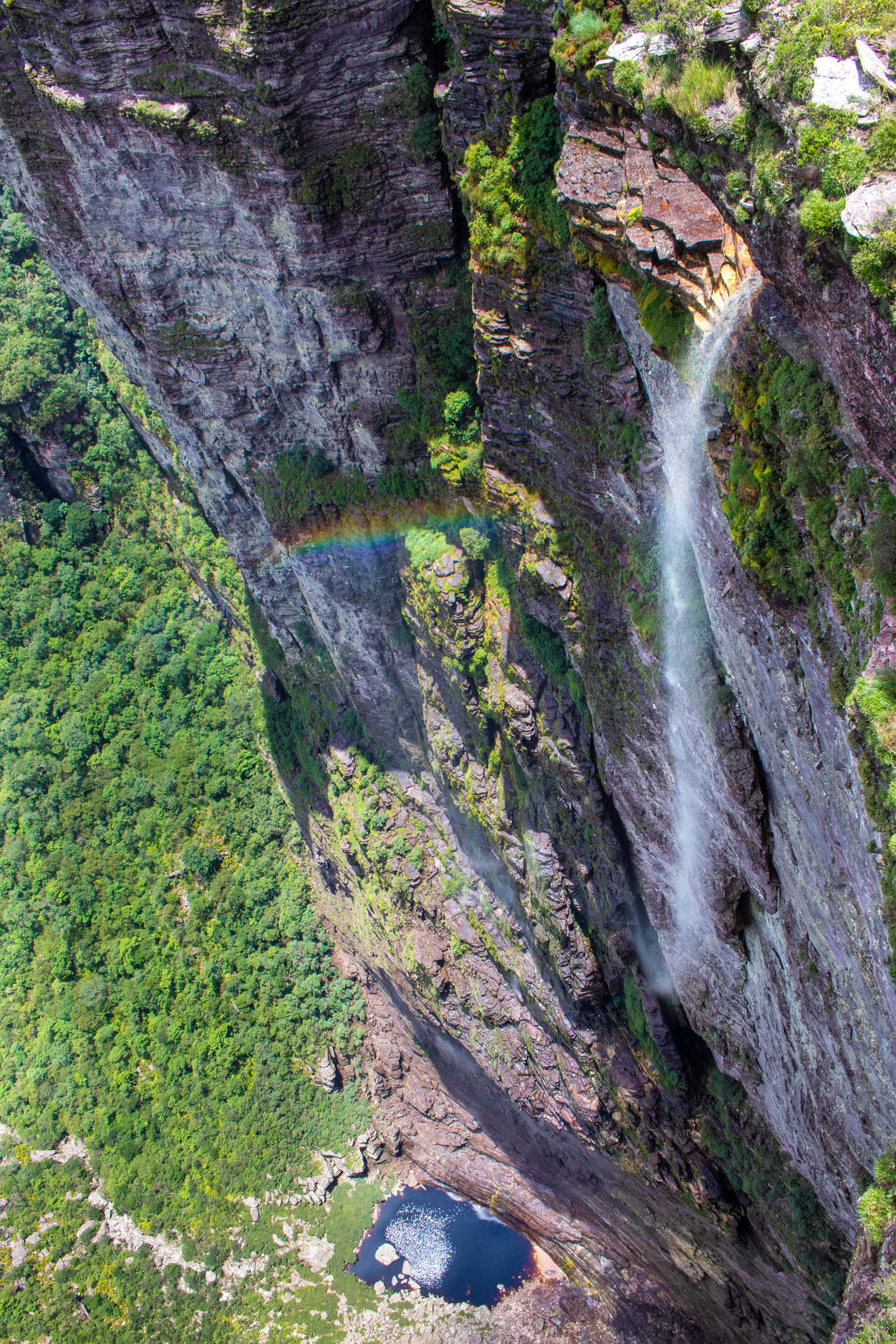 Vue verticale en plongée depuis le sommet d'une falaise sur la haute cascade de la Fumaça dans un canyon de la Chapada Diamantina au Brésil