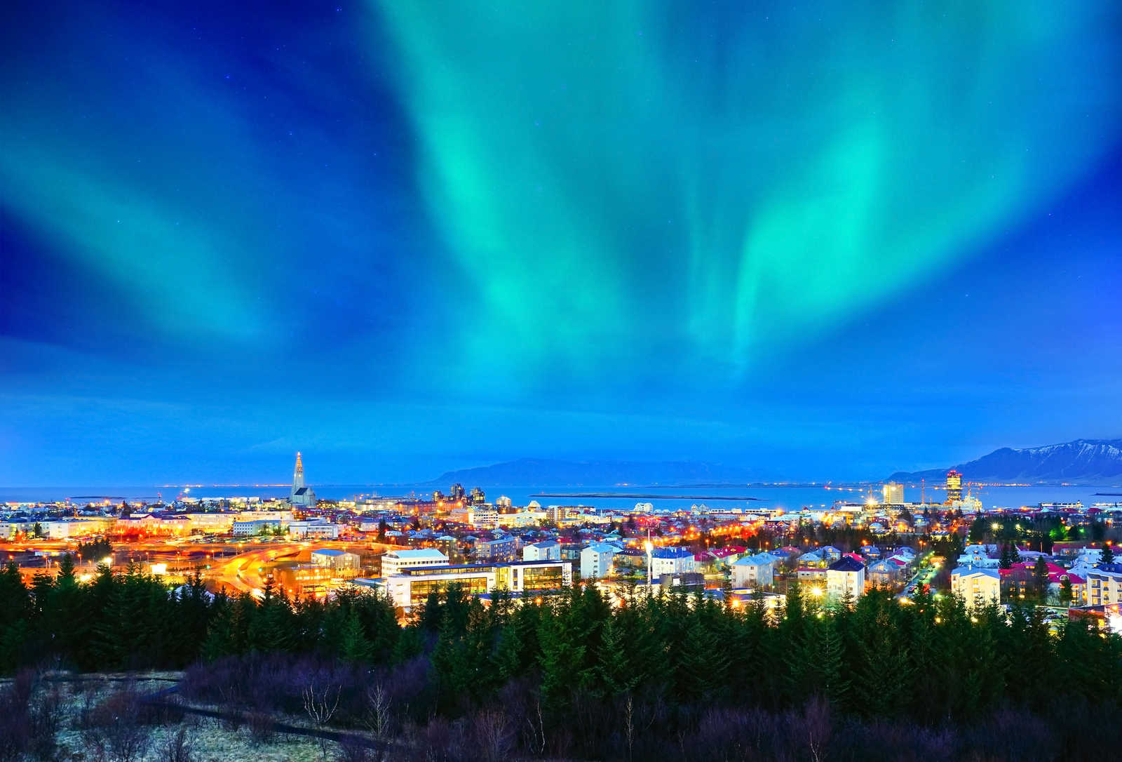 Aurore Boréale au dessus de la ville de Reykjavik © Javen