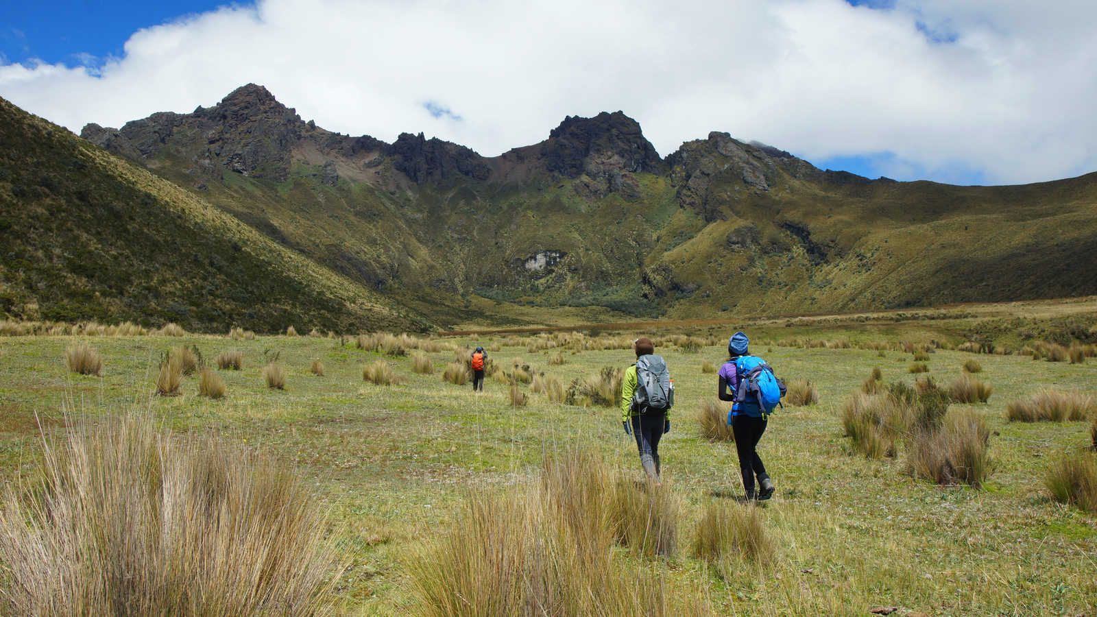 Groupe de randonneurs marchant dans la vallée du volcan Ruminahui dans le parc national Cotopaxi, en Équateur © Alejomiranda