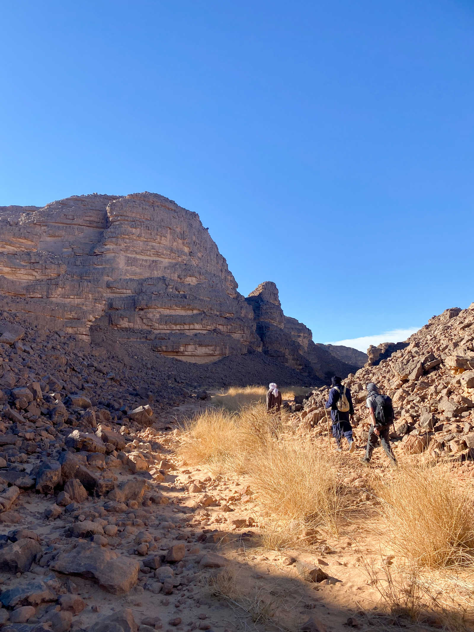 Randonneurs et guide touareg dans le désert dans le Tassili N'Ajjer en Algérie © Ioan Benjamin