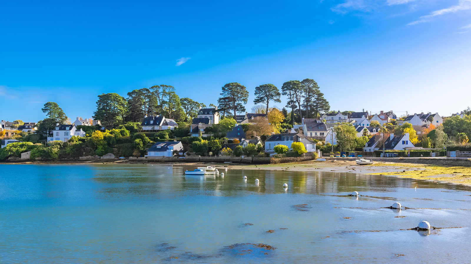 Village et port typiques du Golfe du Morbihan, à marée basse, Ile aux Moines, Bretagne sud © Gueret Pascale
