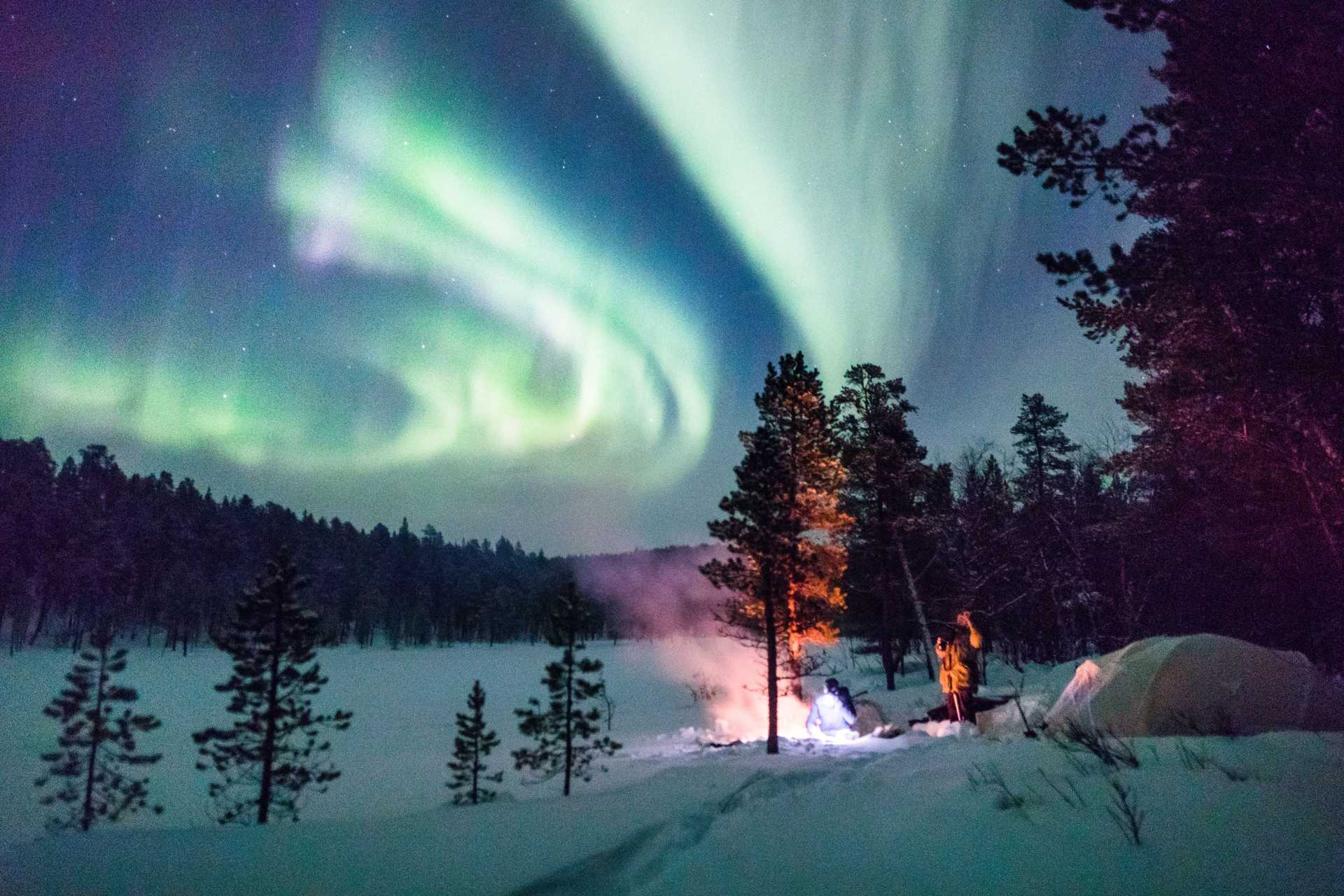 Bivouac dans la neige sous les aurores boréales en Laponie