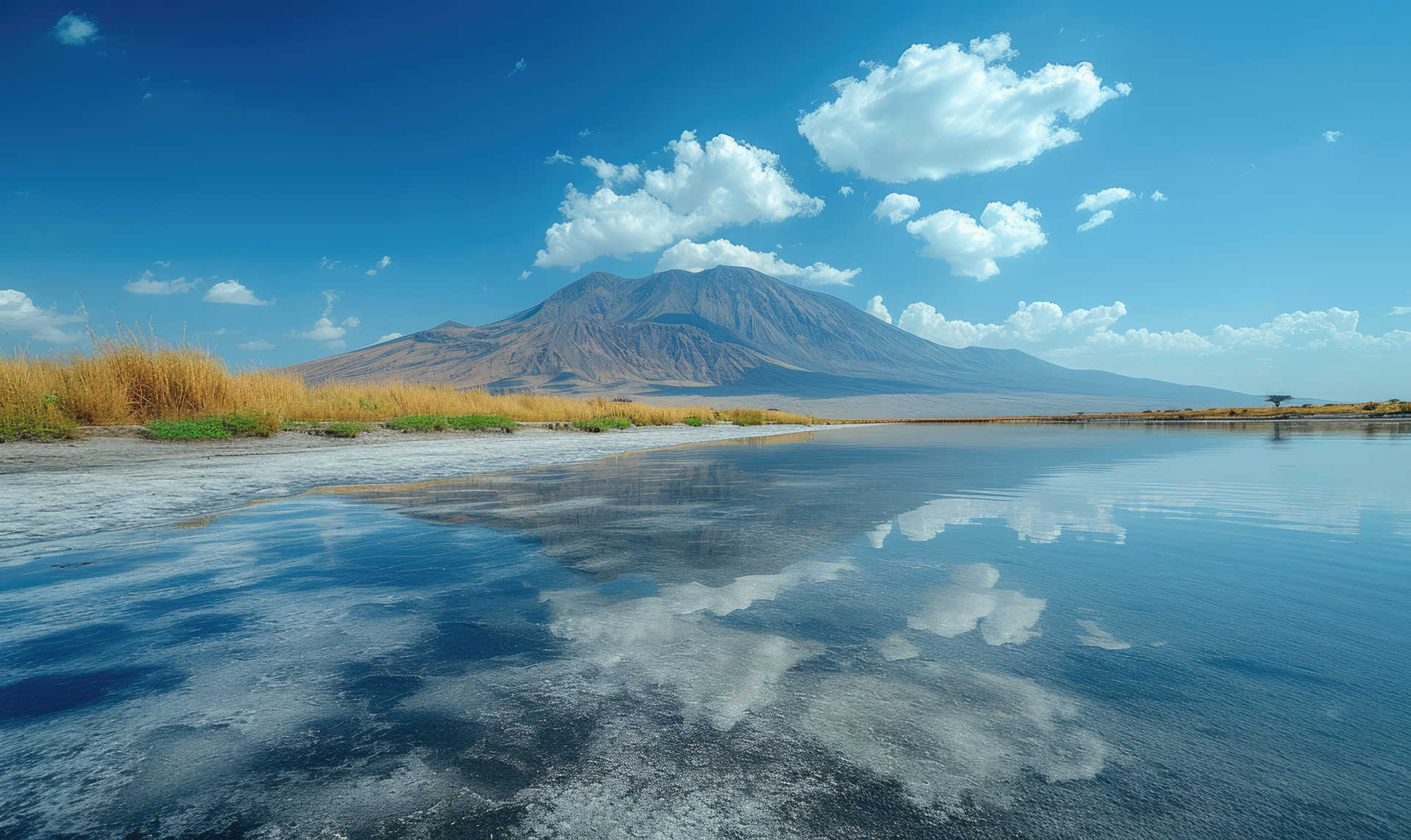 Lac Natron avec en arrière plan le volcan Lengai en Tanzanie