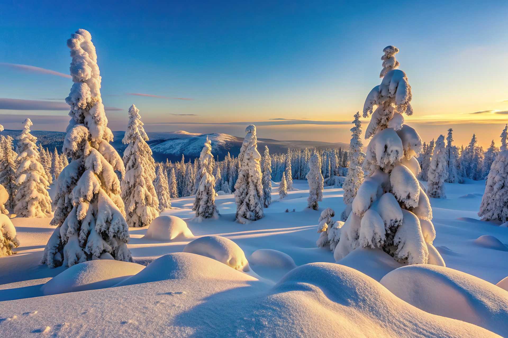 Panoramic view of snow-covered trees in Riisitunturi National Park