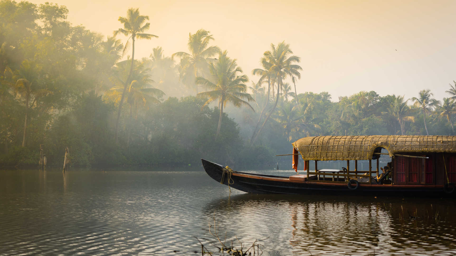 Péniche traditionnelle sur les rives d'un lac de pêche dans les lagunes du Kerala en Inde