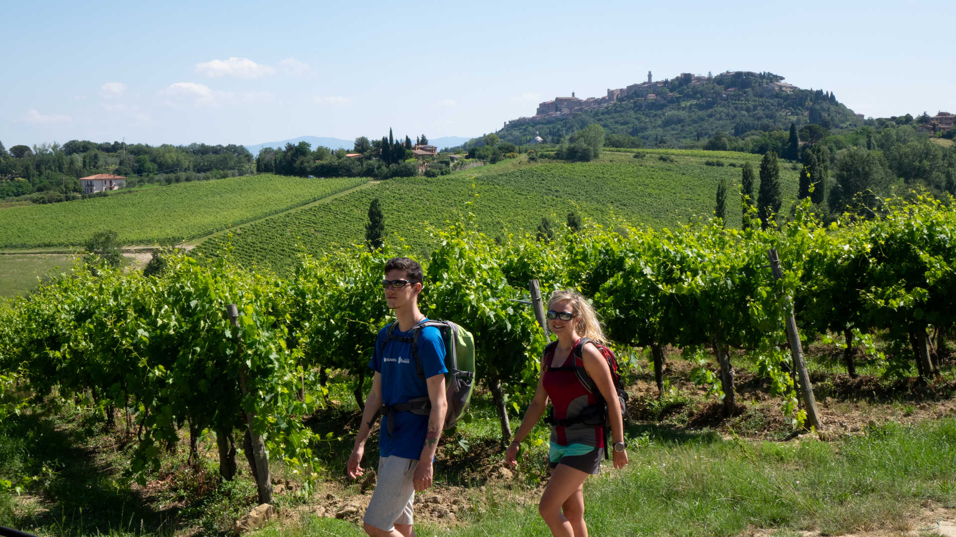 Randonneurs à travers les vignes de Toscane, Italie