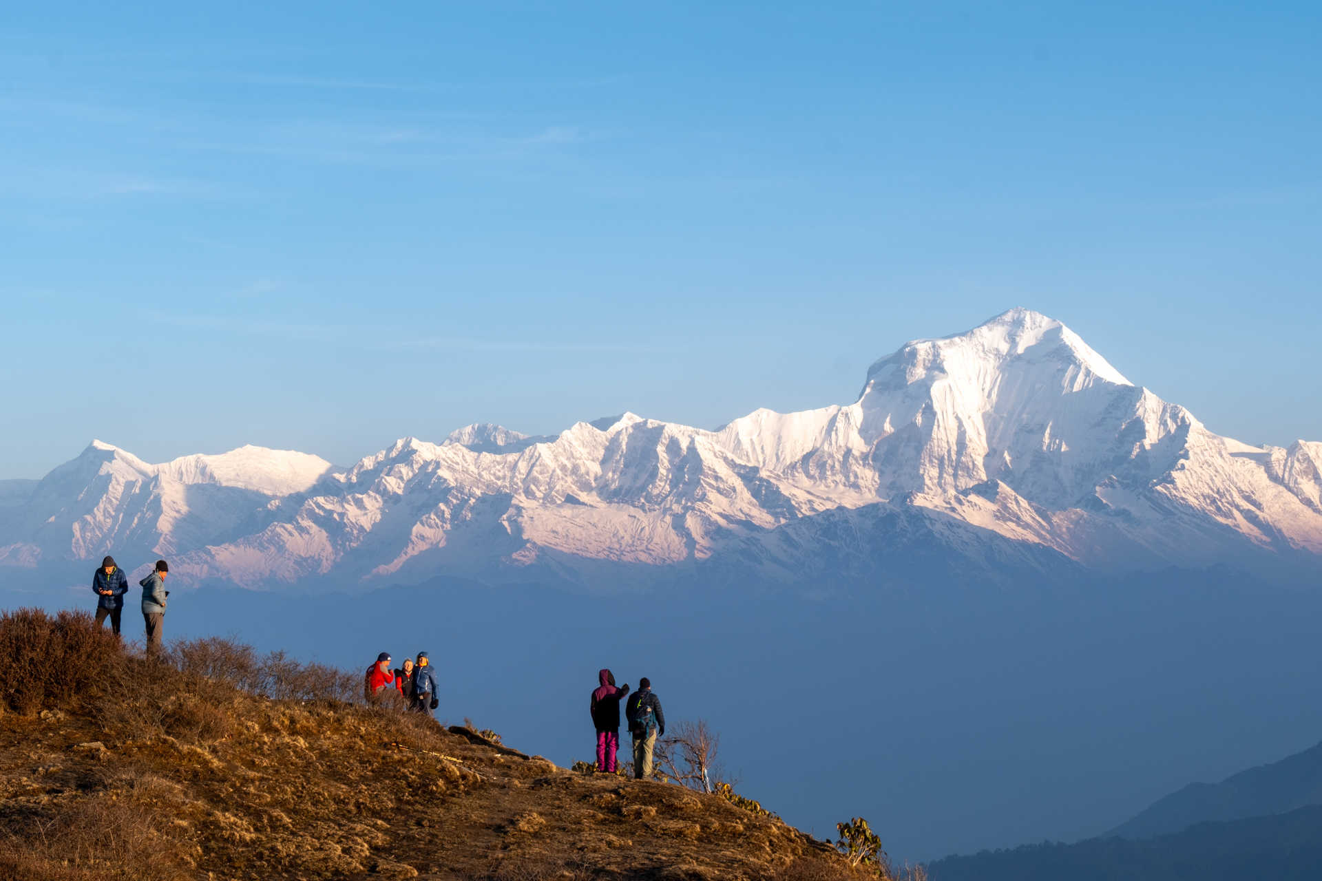 Randonneurs qui admirent Dhaulagiri au Népal