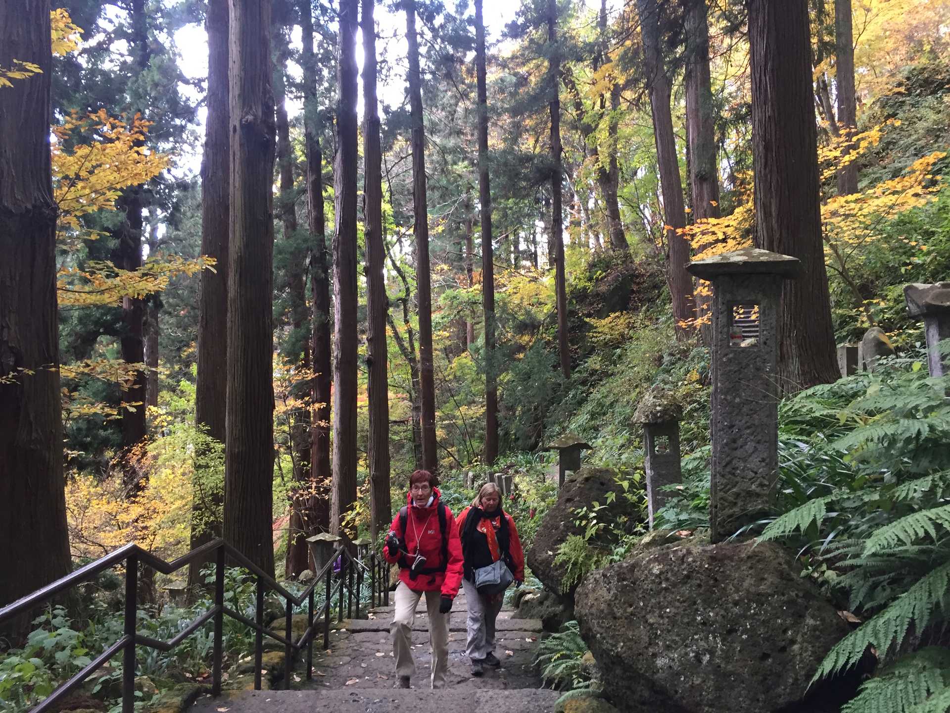 randonneuses qui montent des marches à Yamadera au Japon