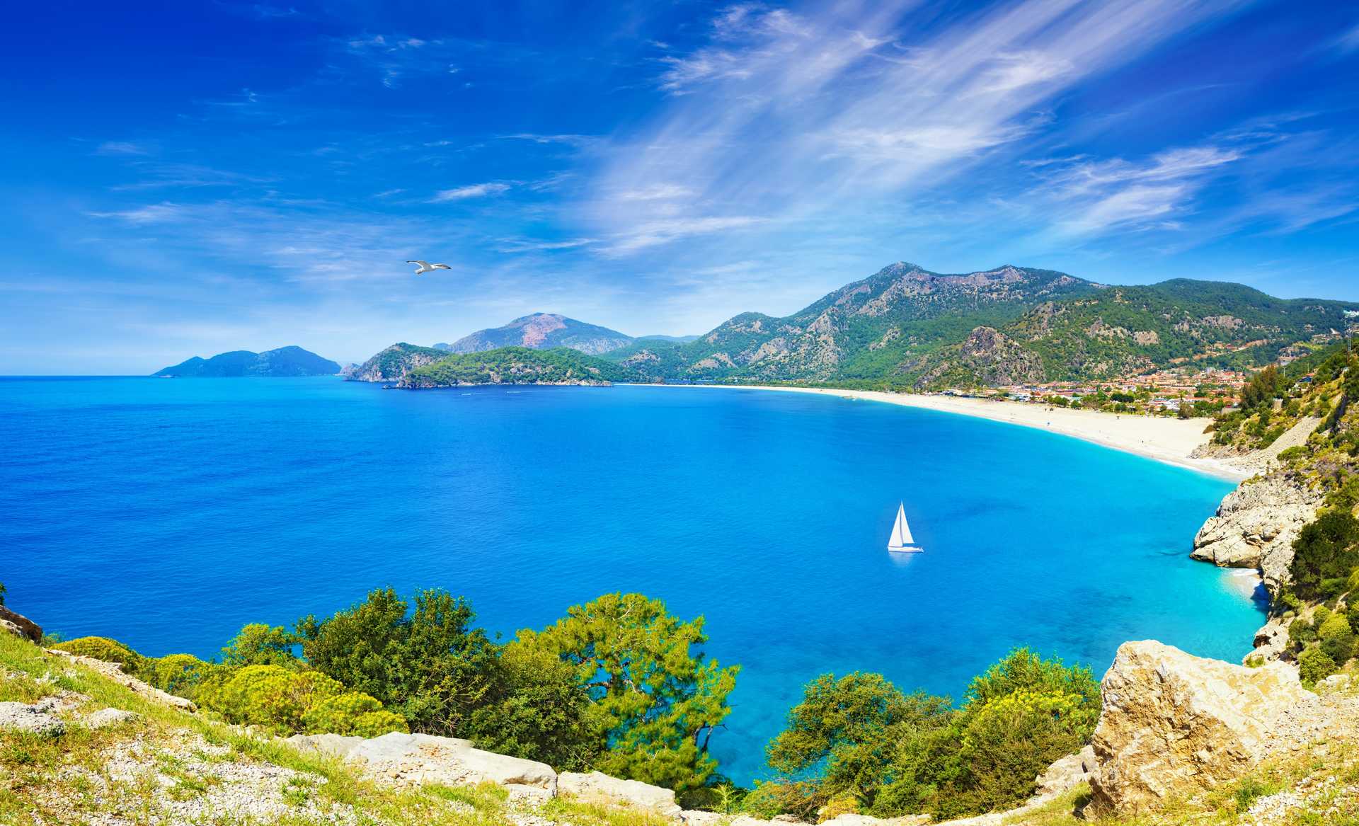 Vue sur la plage et le lagon d'Oludeniz, Lycie, Turquie