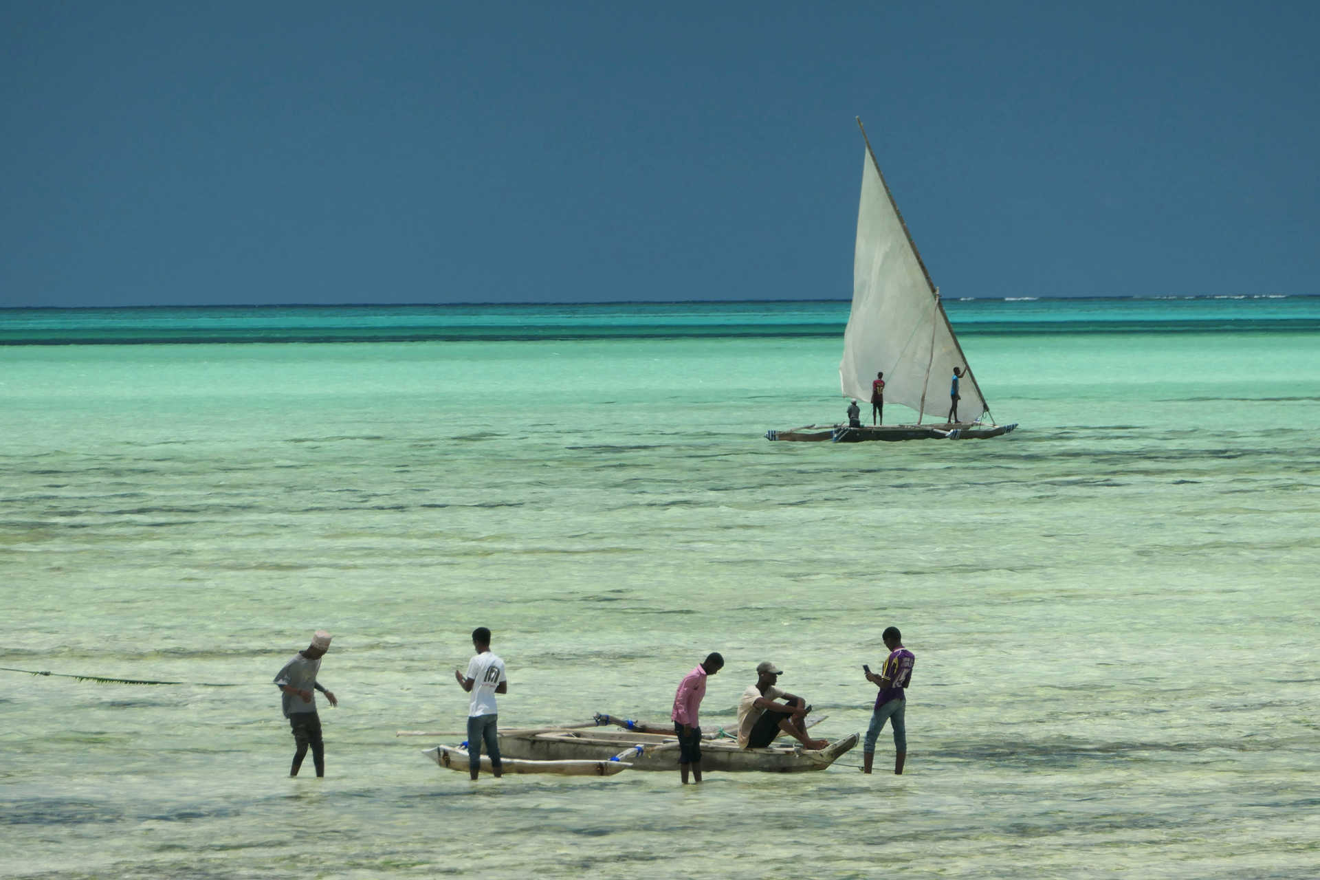 Zanzibarites avec leurs boutres pour la pêche dans le lagon