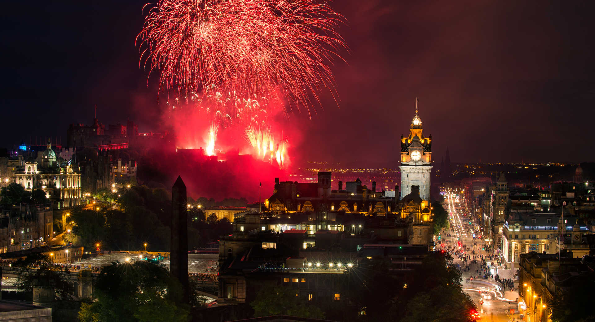 Edinburgh Cityscape with fireworks over The Castle