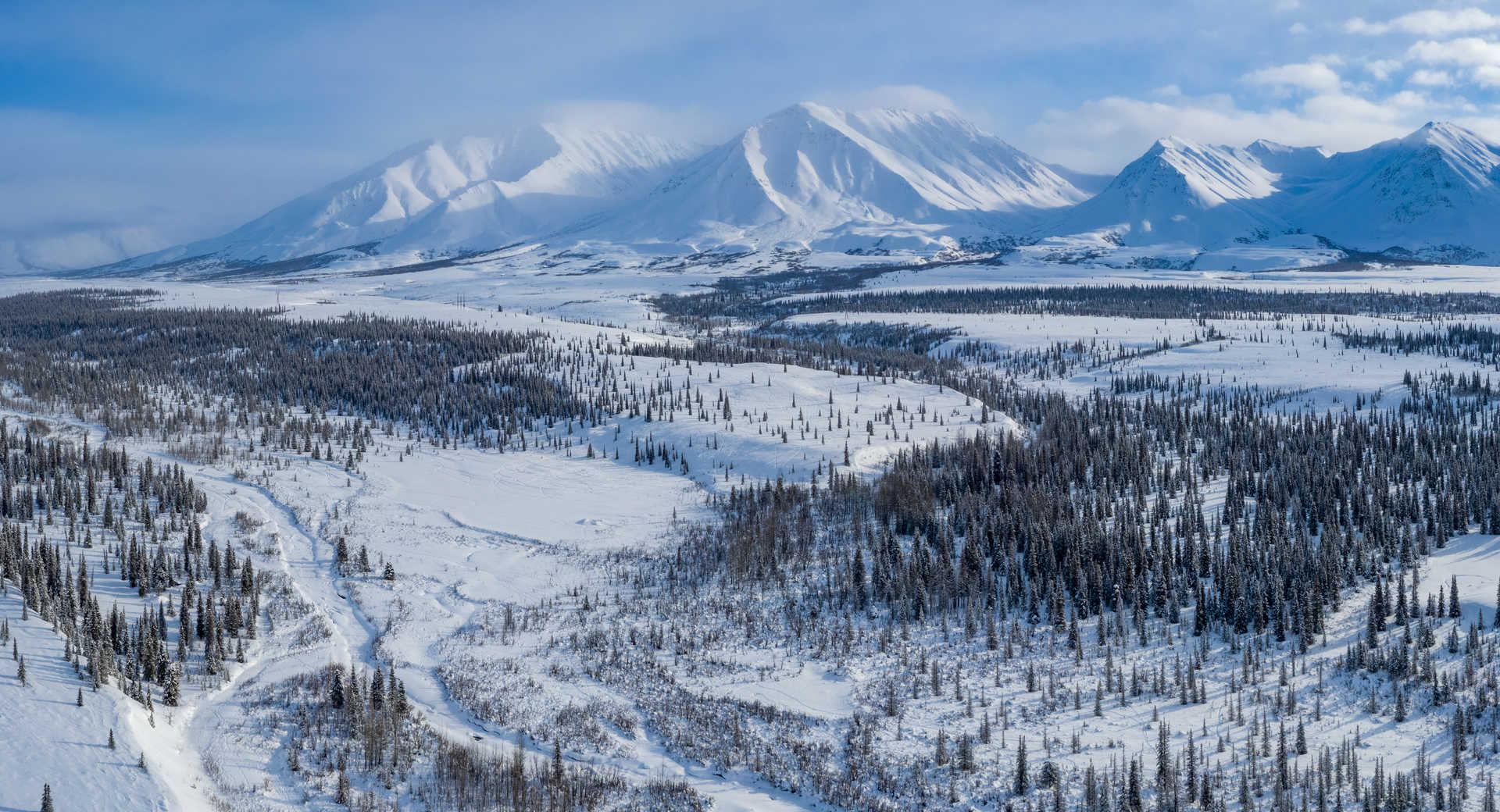 Vue aérienne des paysages enneigés d'Alaska