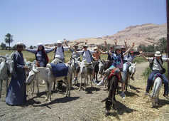 Groupe de voyageurs à dos d’ânes en Egypte