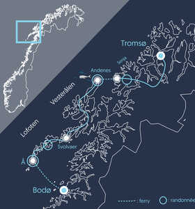 Carte du voyage en Norvège du Nord © 66 Nord Carte du voyage en Norvège du Nord