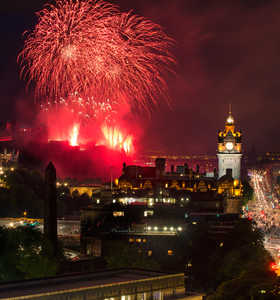 Edinburgh Cityscape with fireworks over The Castle