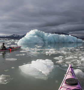 Kayak de mer en Arctique parmi les icebergs