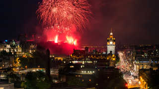 Edinburgh Cityscape with fireworks over The Castle