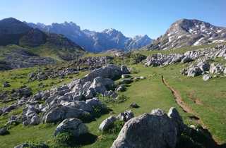 Picos de Europa © Valencia Munoz Beatriz Sentier entre des étendues d'herbes vertes les sommets des Picos des Europa derrière