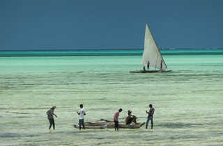 Zanzibarites avec leurs boutres pour la pêche dans le lagon à Zanzibar
