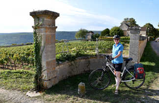 Cycliste devant une domaine de vigne en bourgogne sud