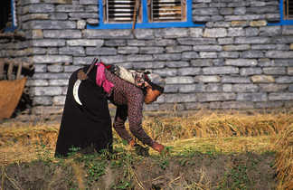 femme qui s'occupe de son jardin devant sa maison au Népal
