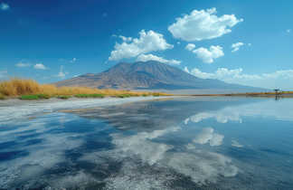Lac Natron avec en arrière plan le volcan Lengai en Tanzanie