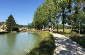 Une groupe des cyclistes au bord du canal sur la voie verte