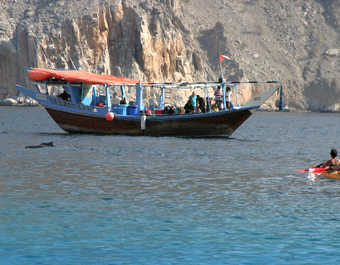 Dauphins, boutre et kayak, Musandam, Oman
