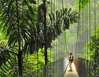 Photo d'un pont suspendu au pied du volcan Arenal au Costa Rica
