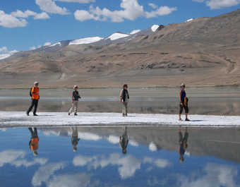 Randonneurs sur le sel du lac Tso Kar en Inde Himalayenne