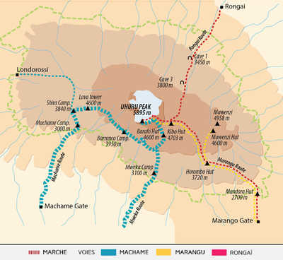 Carte avec l'itinéraire de l'ascension du Kilimandjaro par la voie Machame, Tanzanie