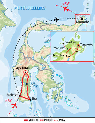 Carte circuit Sulawesi, du Sud au Nord