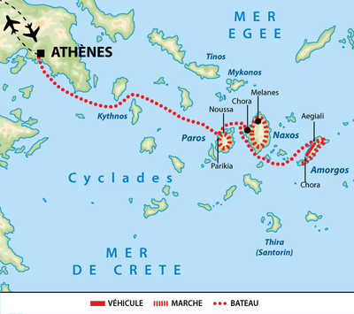 Carte de  circuit dans les Cyclades en Grèce