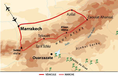 Carte de la Grande traversée de l'Atlas, Maroc