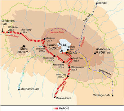 Carte de l'itinéraire du Kilimandjaro par la voie Lemosho, Tanzanie