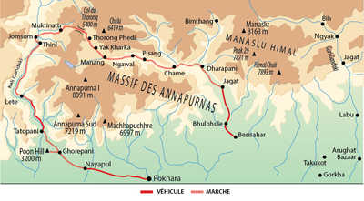 Carte de l'itinéraire le grand tour des Annapurnas