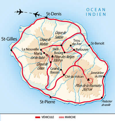 Carte de l'itinéraire randonnées de cirques en volcans et tunnel de lave